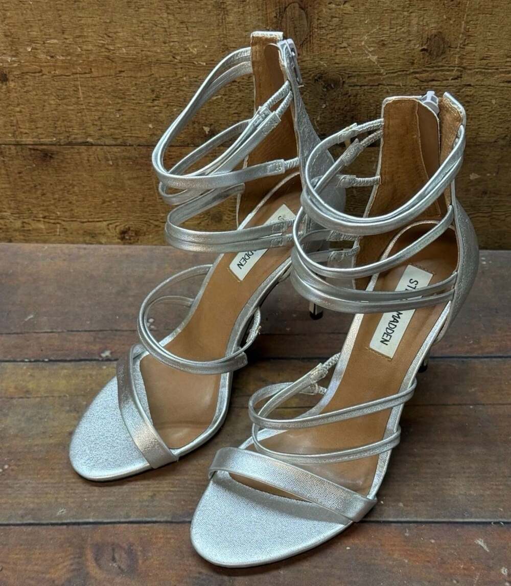 Steve Madden Tierney Strappy Stiletto Heel Sandal Size 8 Silver